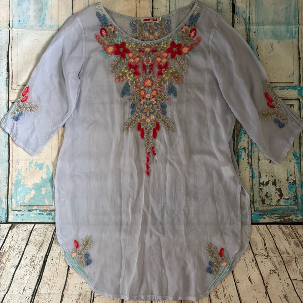 Johnny Was Cream Embellished Blouse with Flutter Sleeves